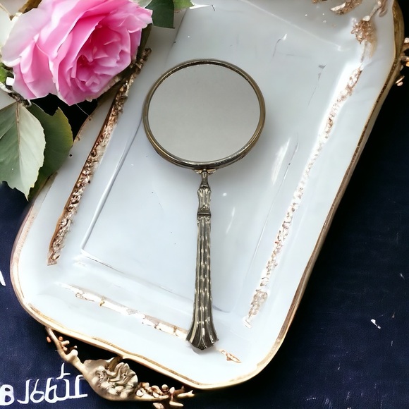 Vintage Hollywood Regency Brass Plated Magnifying 2 Sided Hand Mirror Vanity